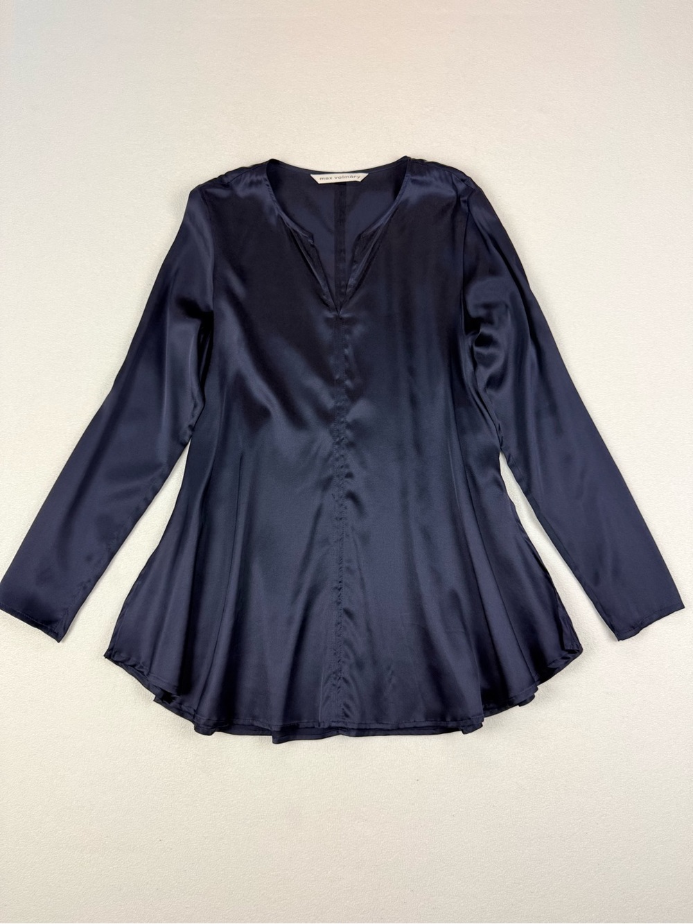 Max Volmáry Silk Stretch Tunic Blouse Navy Blue Flowy Long Sleeve Top EU 38